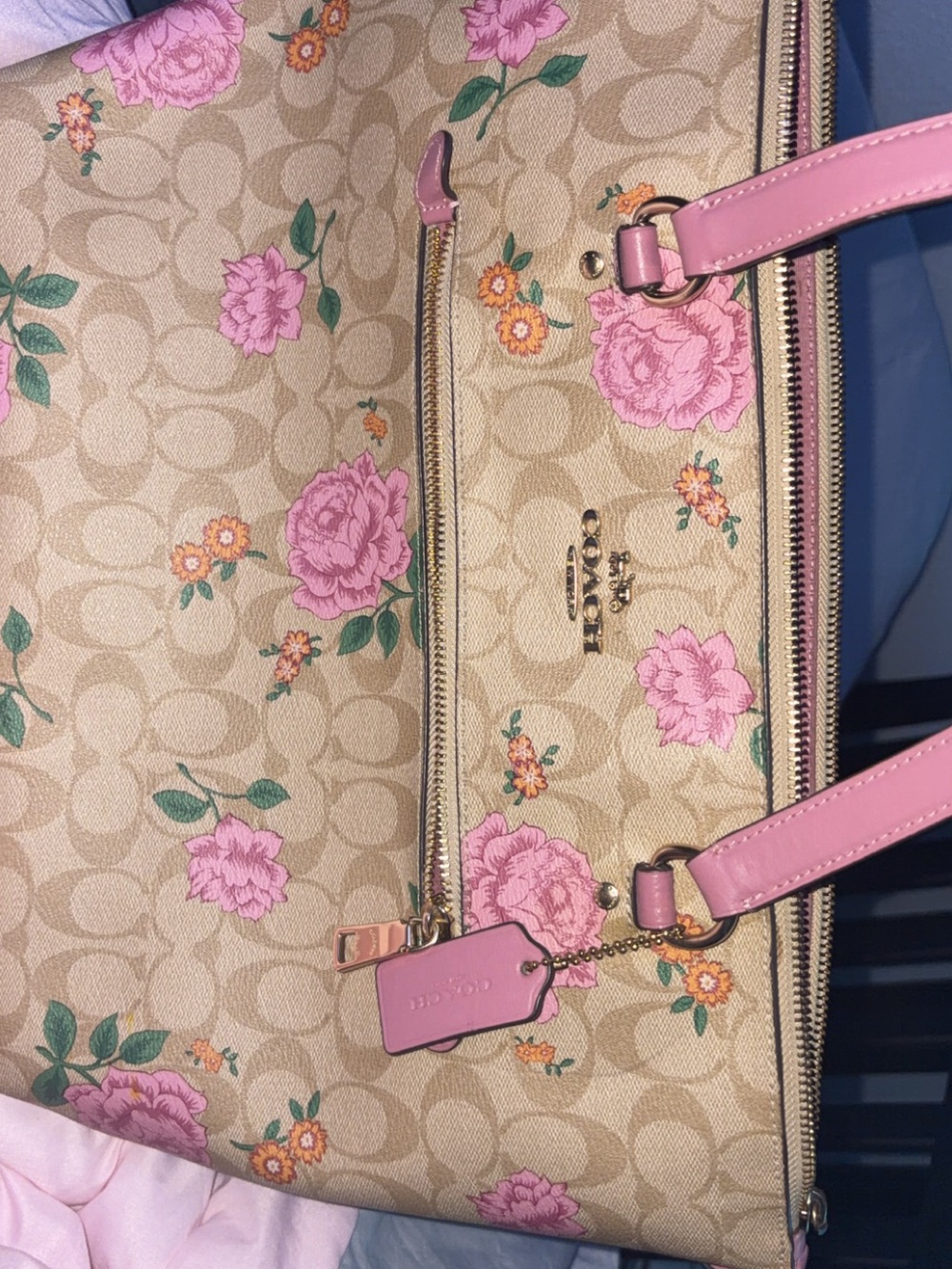Coach Beige Floral Canvas Tote with Pink Handles